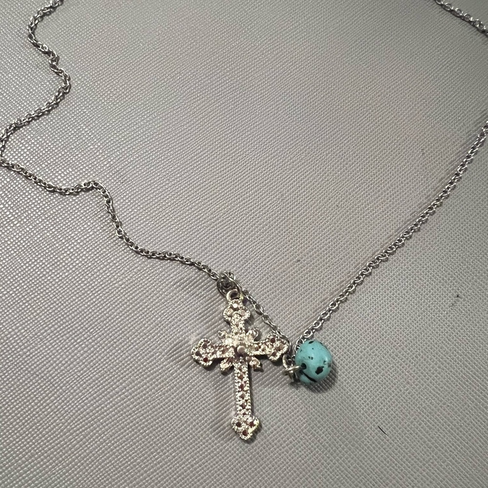 Silver Cross Pendant Necklace with Turquoise Accent
